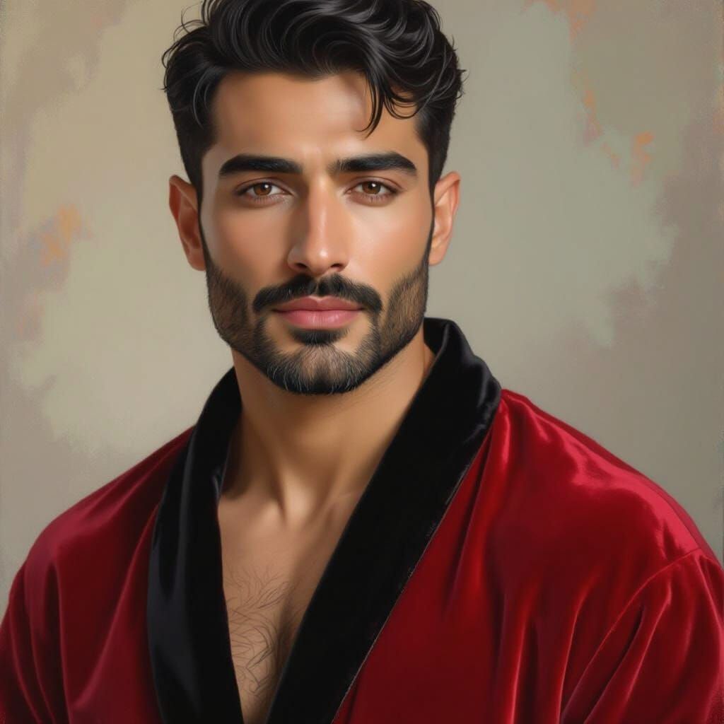 Master Hunk in Velvet Robe: Vintage Oil Painting