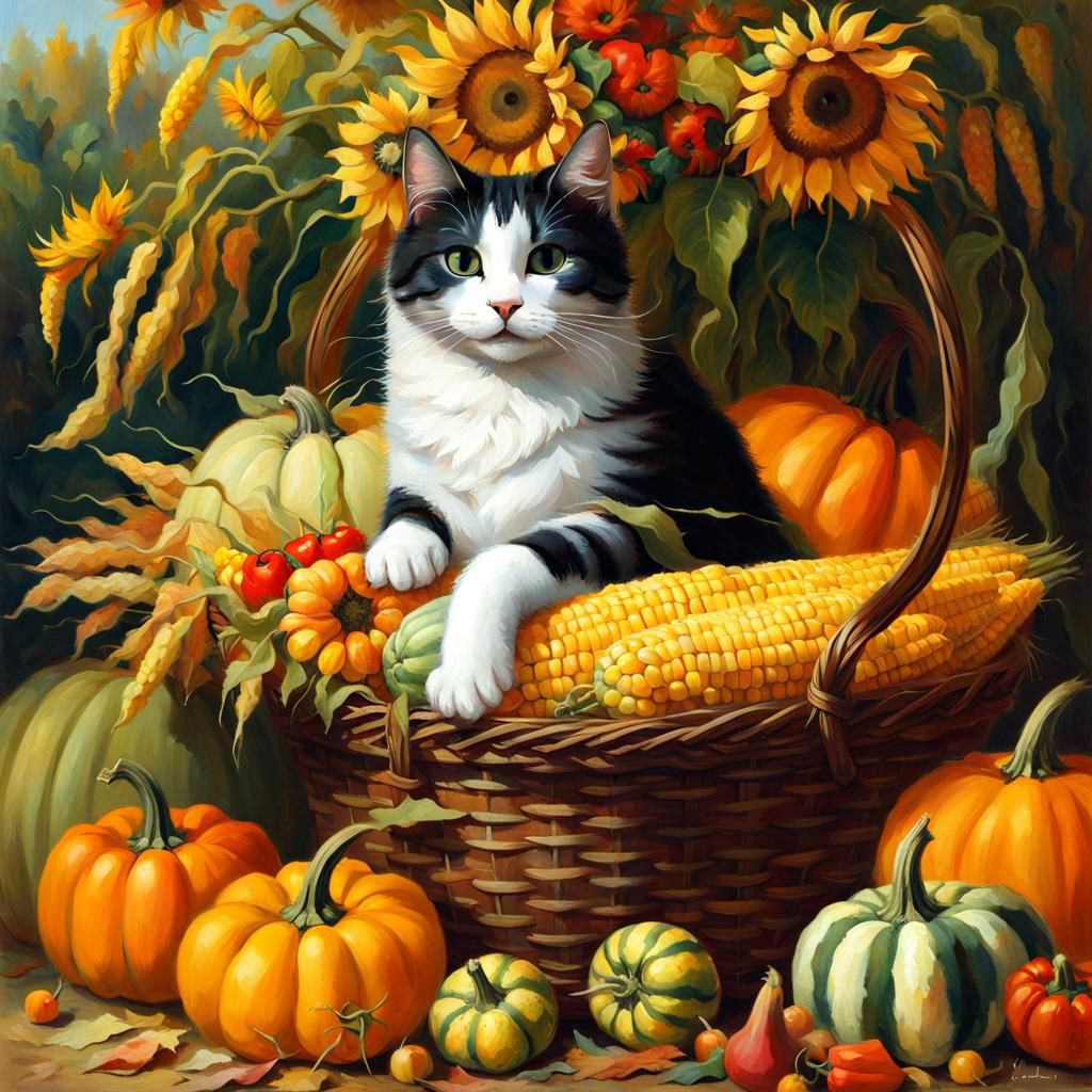 Cat in Sunflower Crown Amongst Fall Harvest