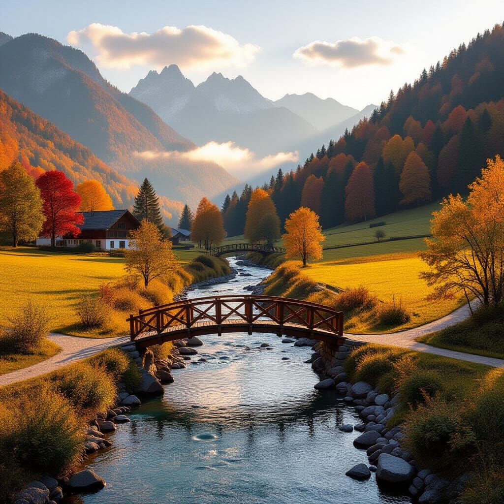 Golden Autumn Valley with River and Mountains
