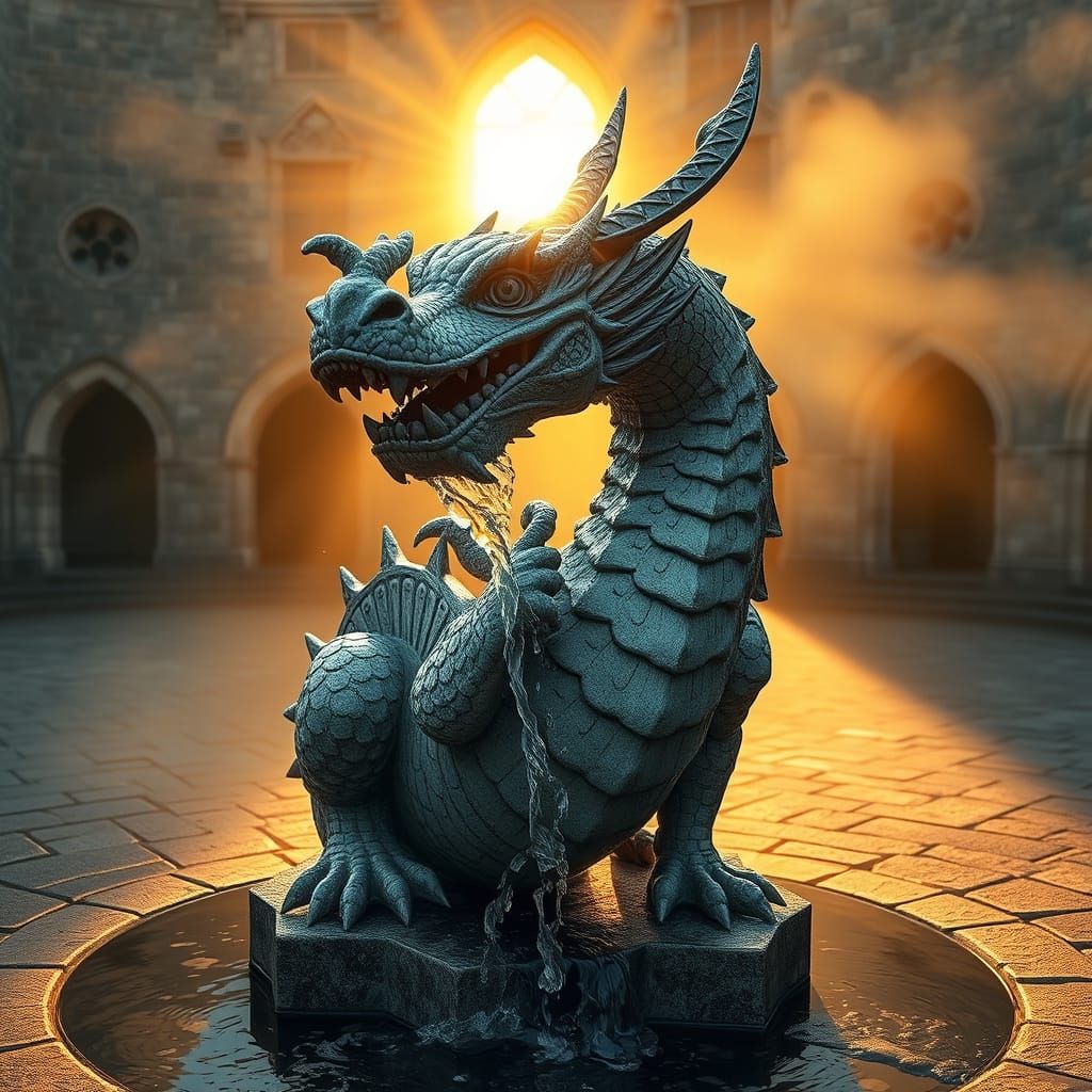 Medieval Dragon Fountain at Golden Hour