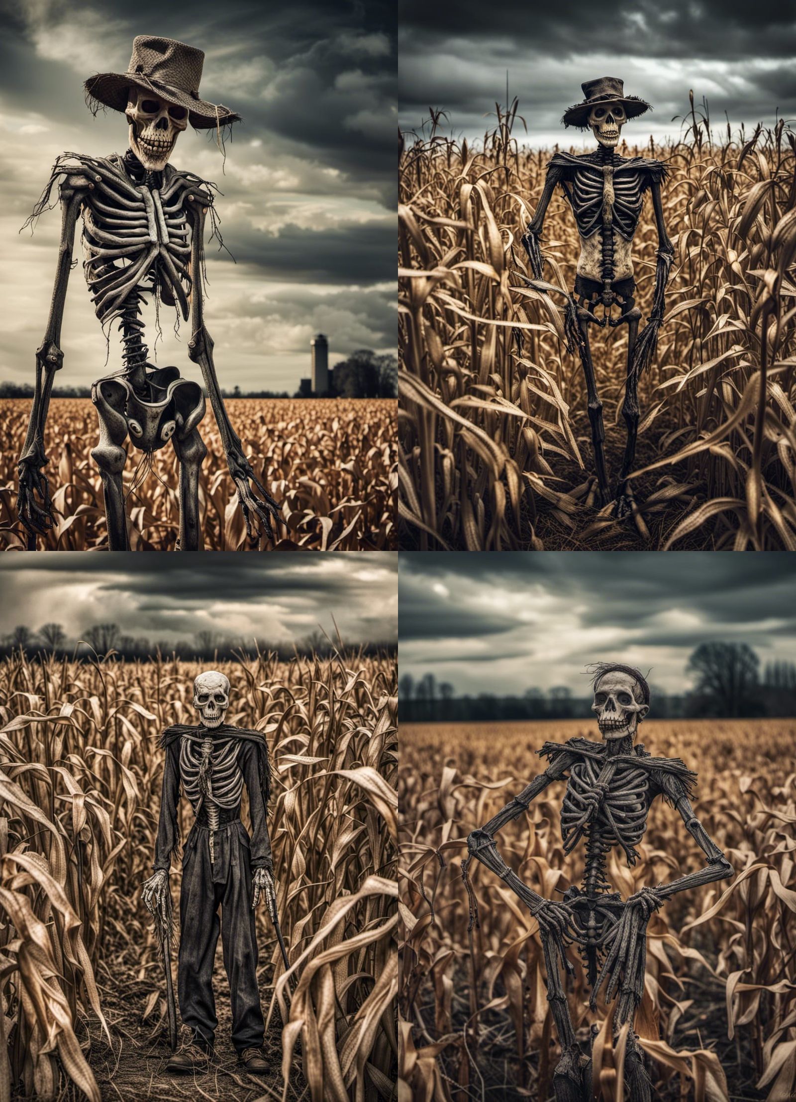 Skeletal Scarecrow in Dead Maize Field: Horror Photography