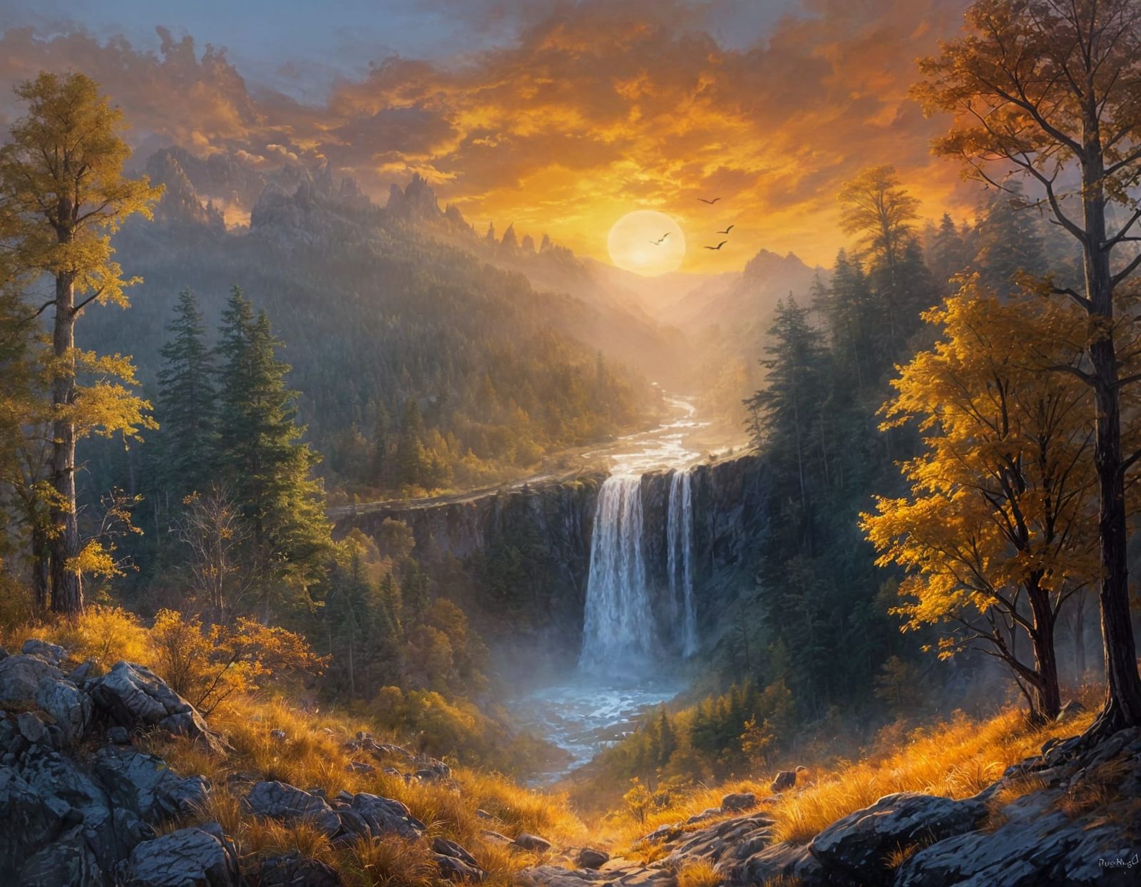 Vast Mountain Landscape with Waterfall at Sunset