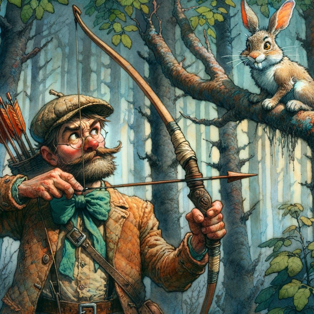 Funny Hunter Seeks Rabbit in Dense Forest, Watercolor