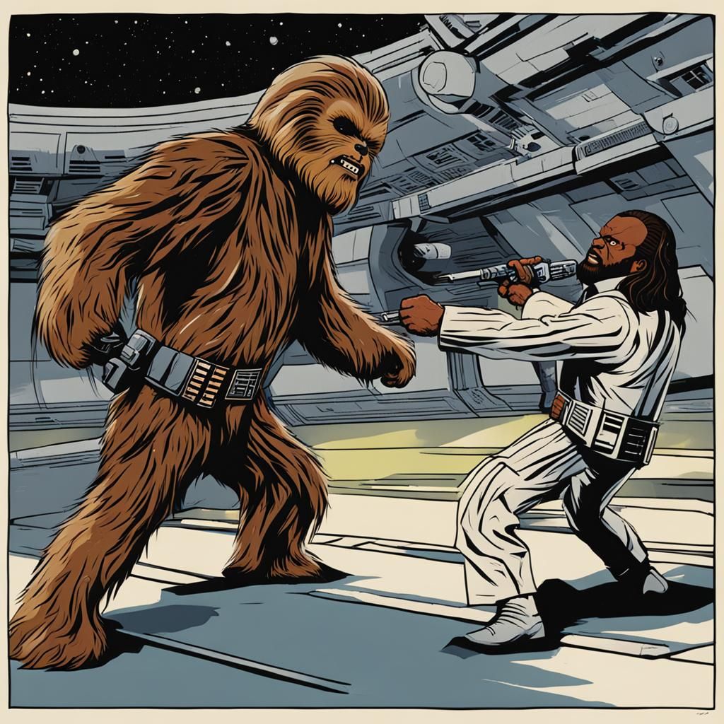 Chewbacca spars against Worf.