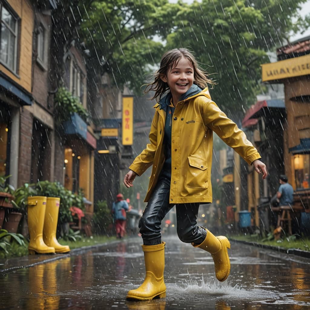 Girl with Yellow Boots Plays in Rain, Matte Painting