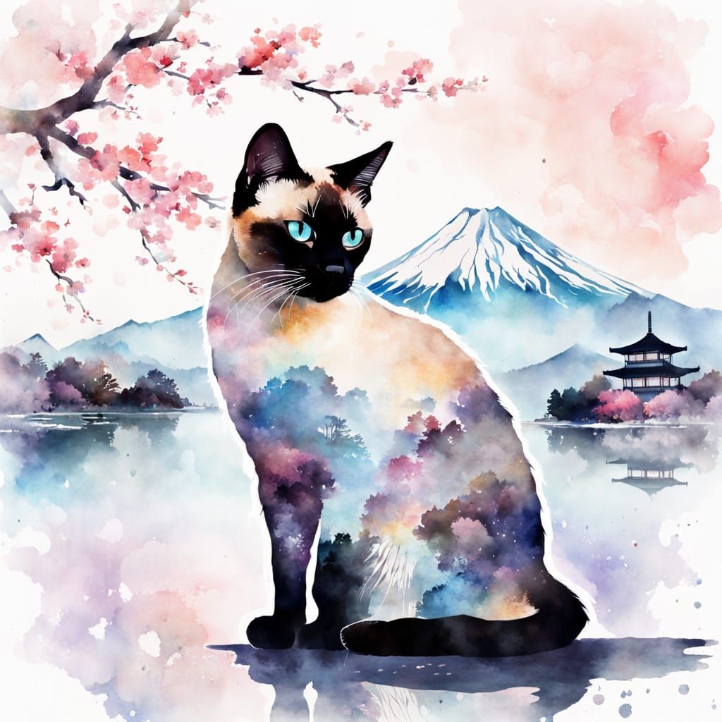 Siamese Cat with Japanese Landscape in Watercolor