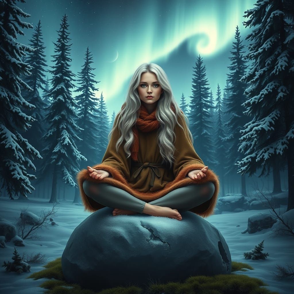 Serene Nordic Woman Meditates under Aurora Borealis in Lapla...