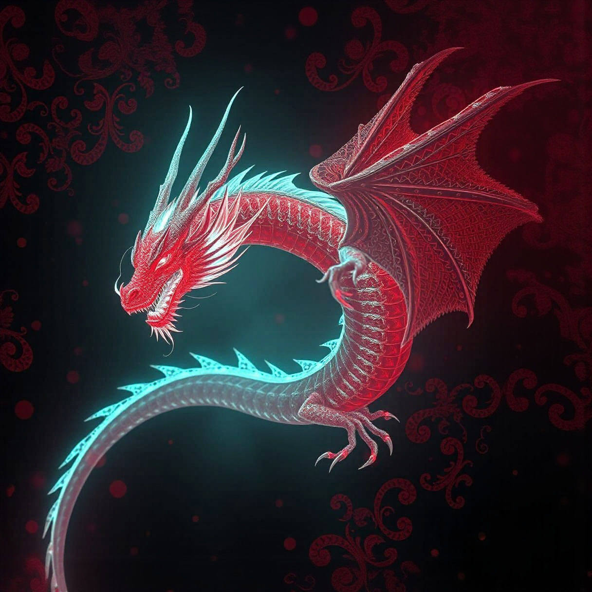 Bioluminescent Dragon with Filigree, Digital Matte Painting
