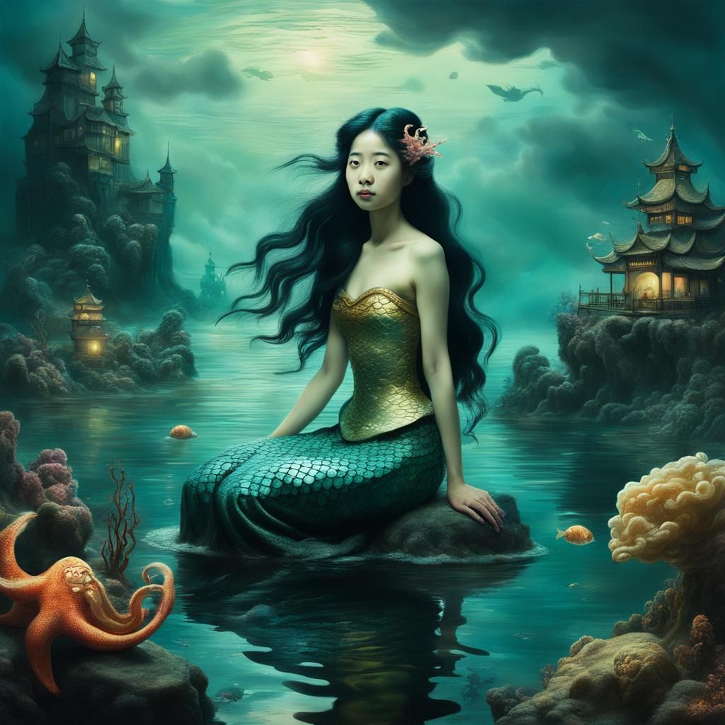 Asian Little Mermaid in Surreal Rembrandt Style