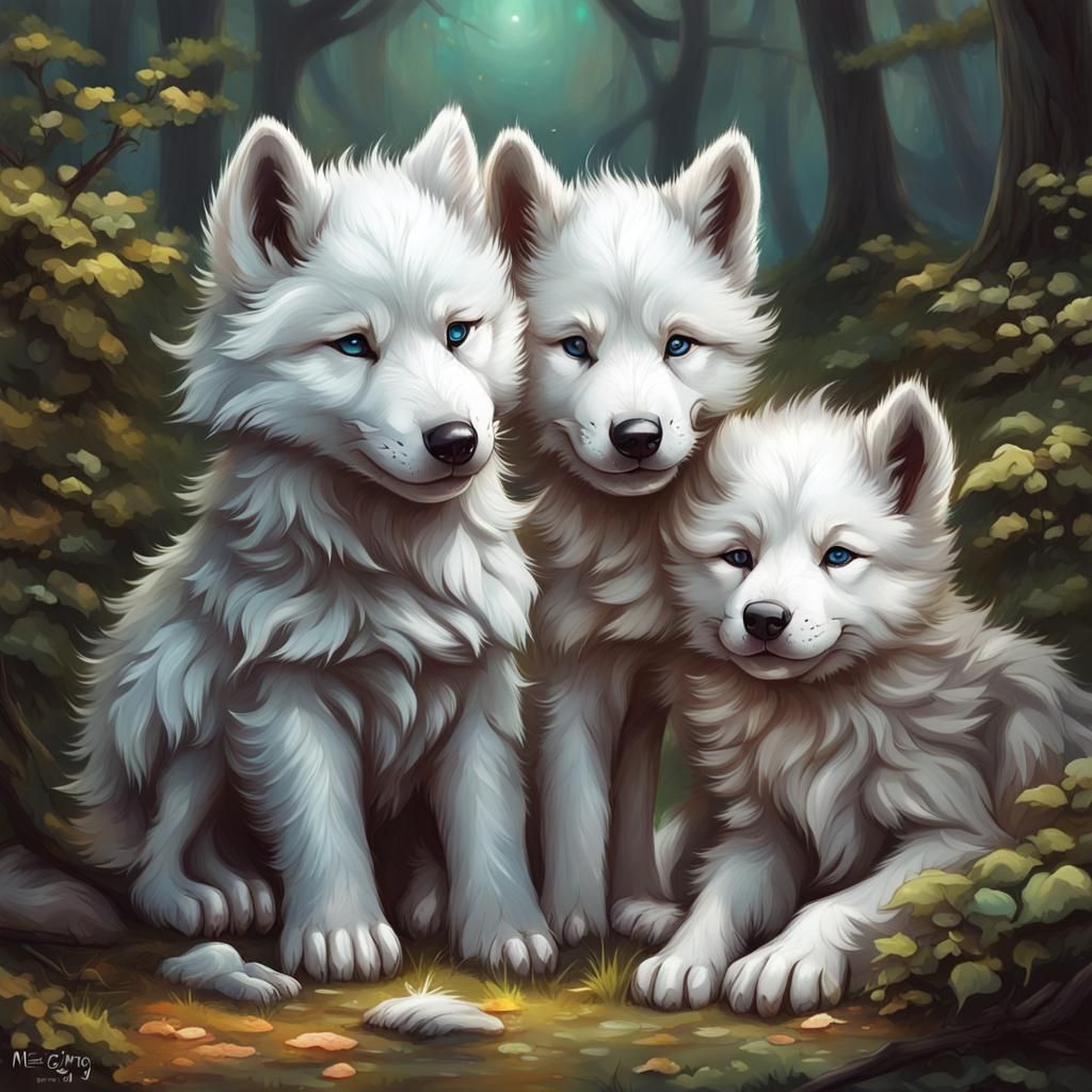 Cute White Wolf Puppies in Detailed Fantasy Art