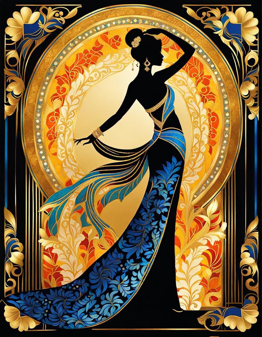Art Deco Dancer in Colorful Batik with Gold Accents