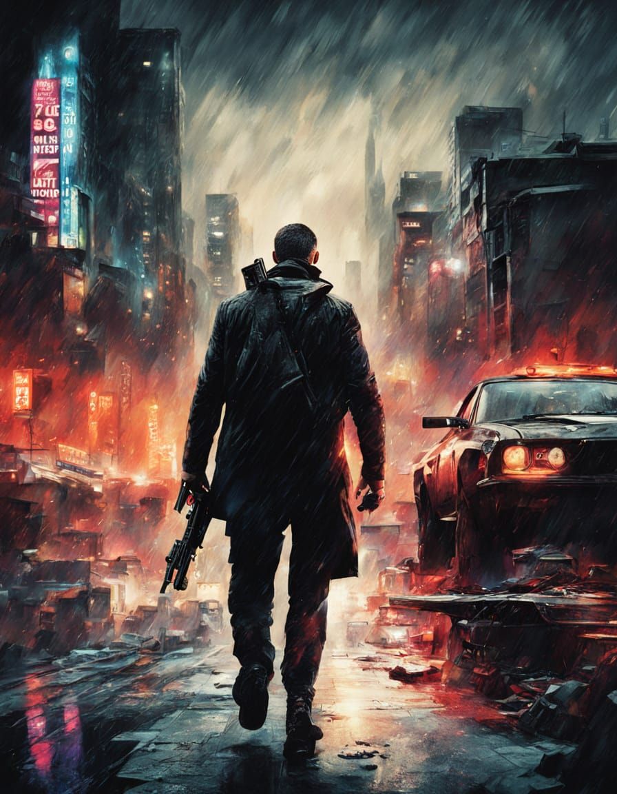 Cinematic Assassin Poster: Neon City Rain, Intense Gaze, and...