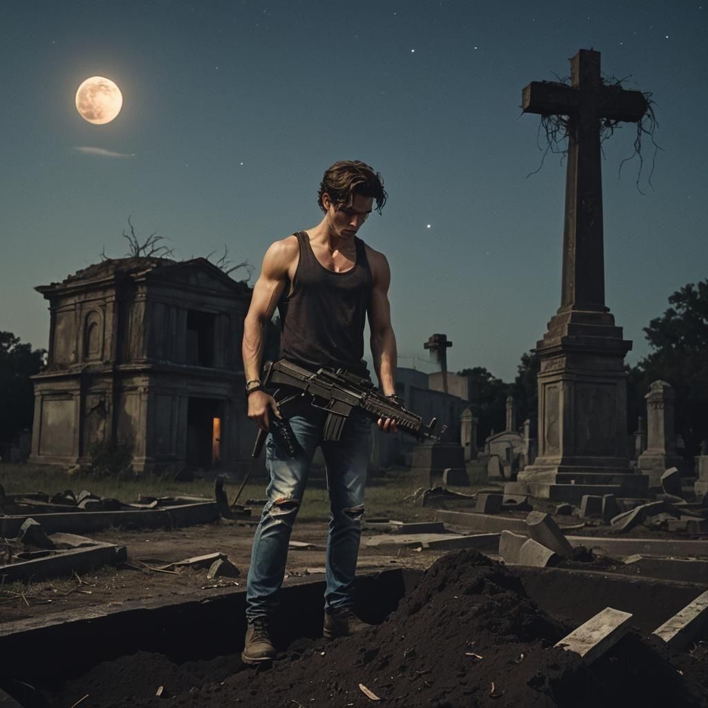 Dramatic Film Still of Man Digging Grave