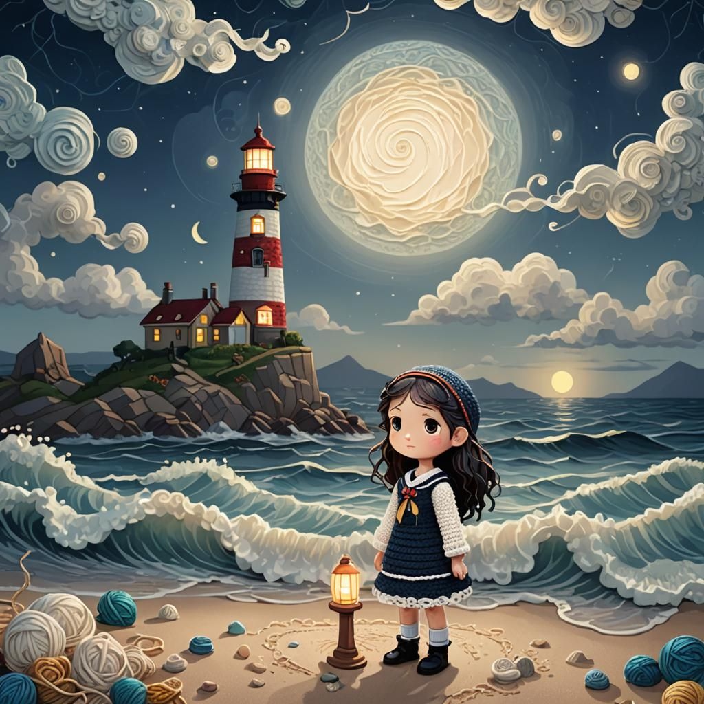 Chibi Sailor on Moonlit Beach in Van Gogh Style