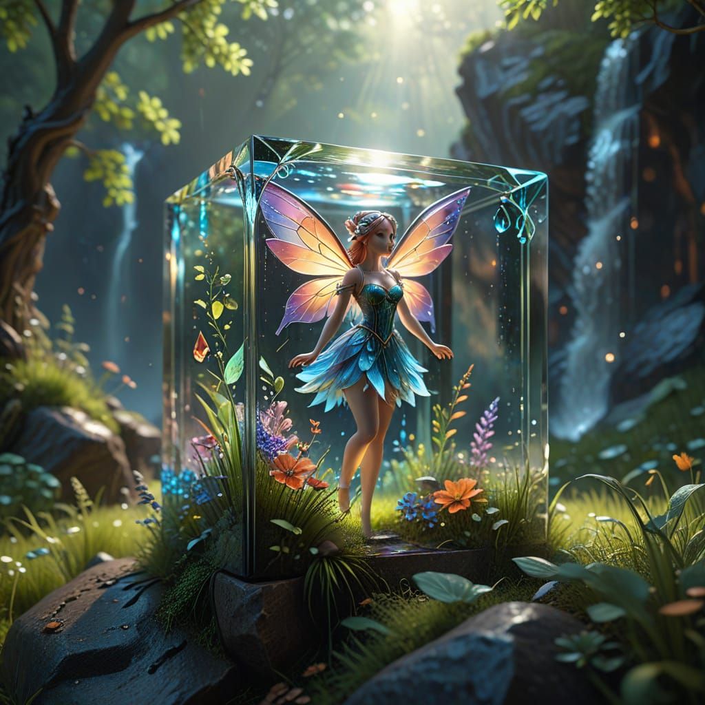 Magical Fairy in Pristine Meadow with Waterfall