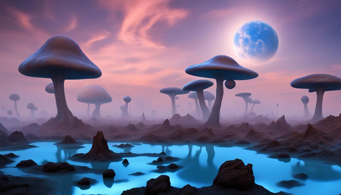 Surreal Alien Planet with Giant Blue Mushrooms