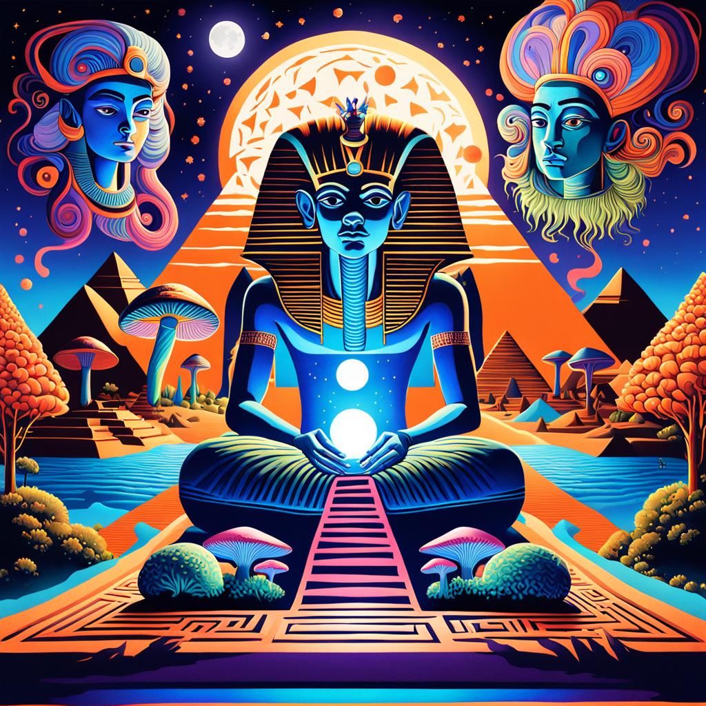 Egyptian Gods by Firelight in Psychedelic Surrealist Art