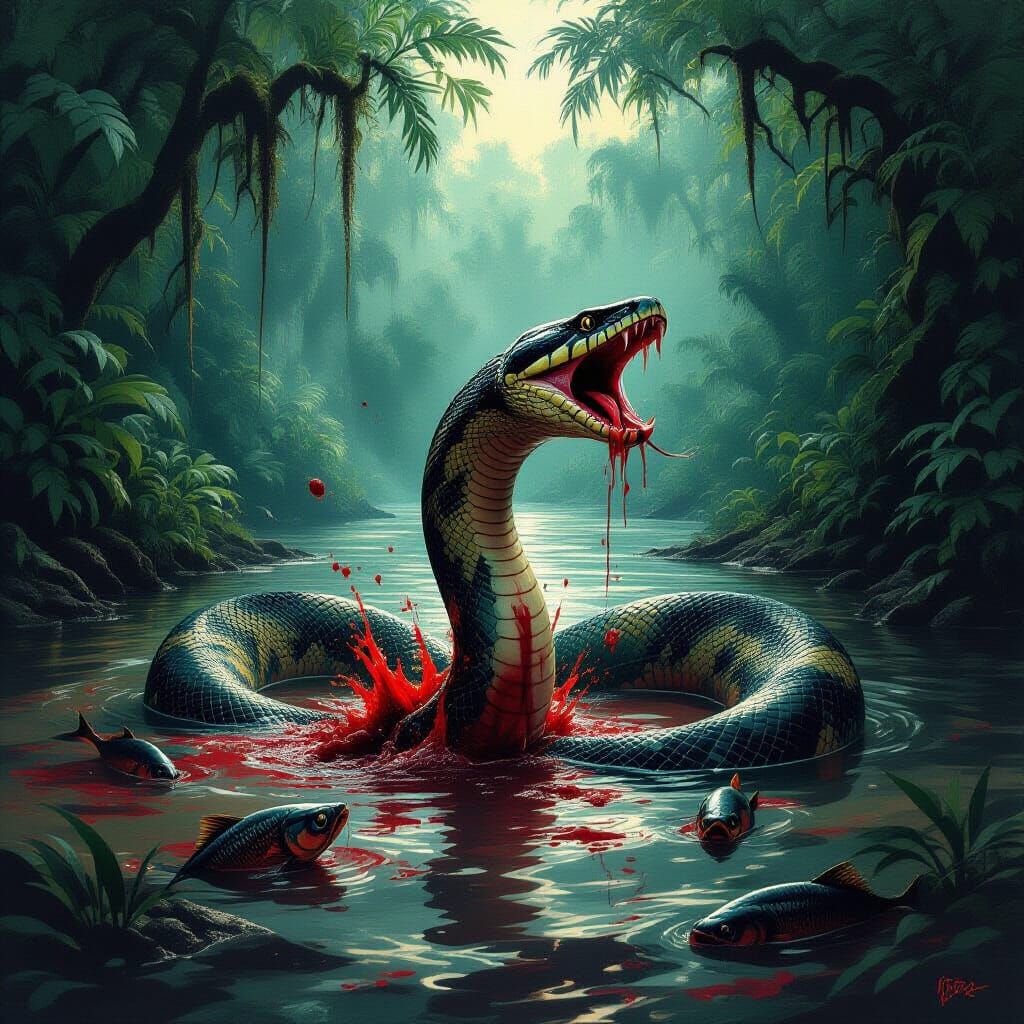 Piranha Frenzy: Anaconda's Demise in Dark Fantasy Art