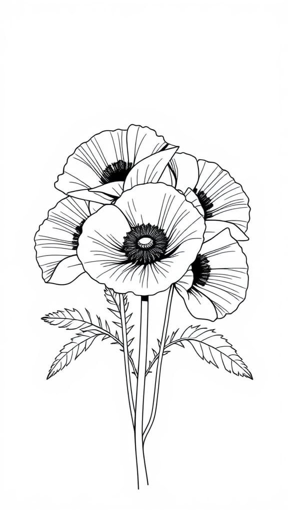 Surreal Black and White Poppy Line Art in Minimalist Style