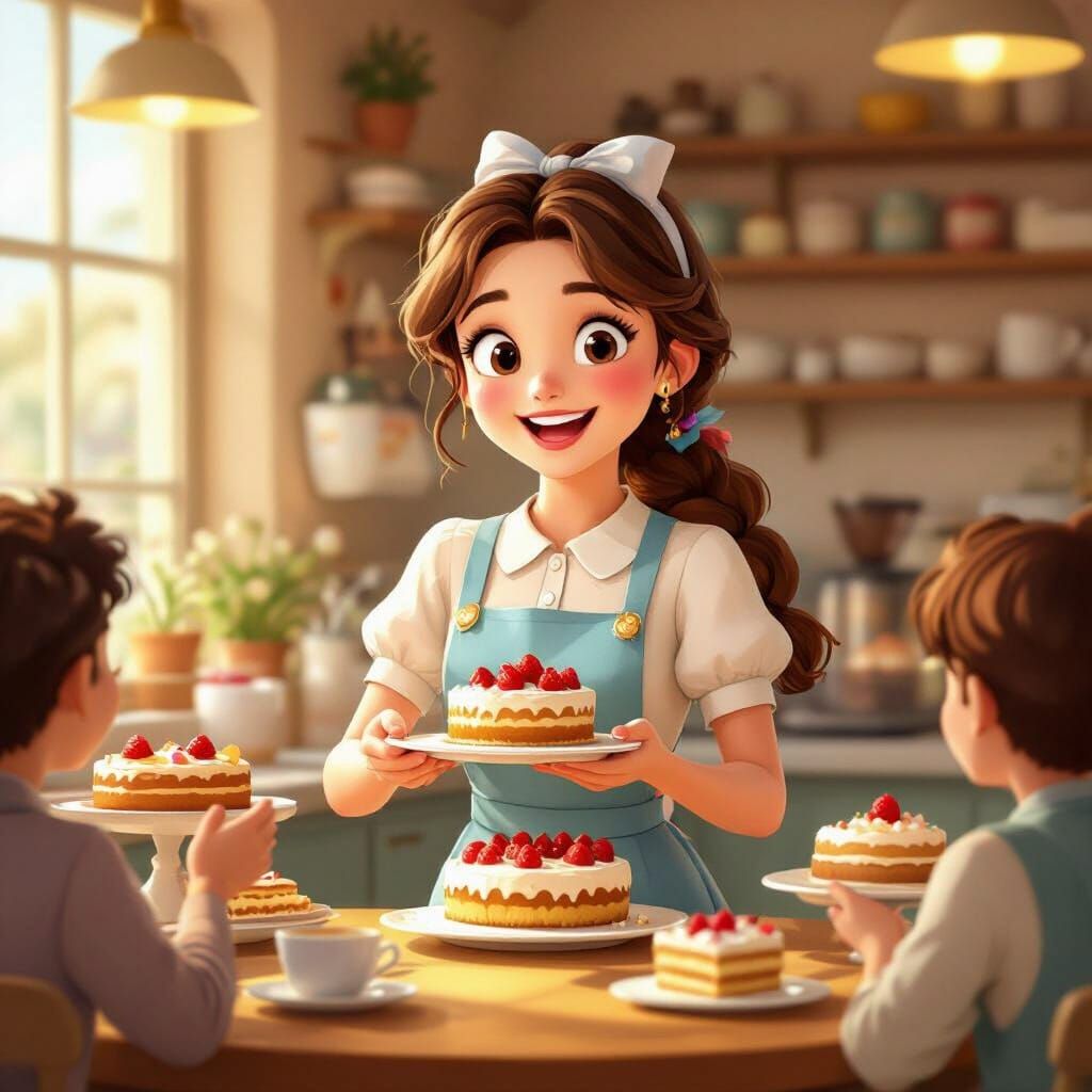 Joyful Girl Serves Cakes in Storybook Animation Style