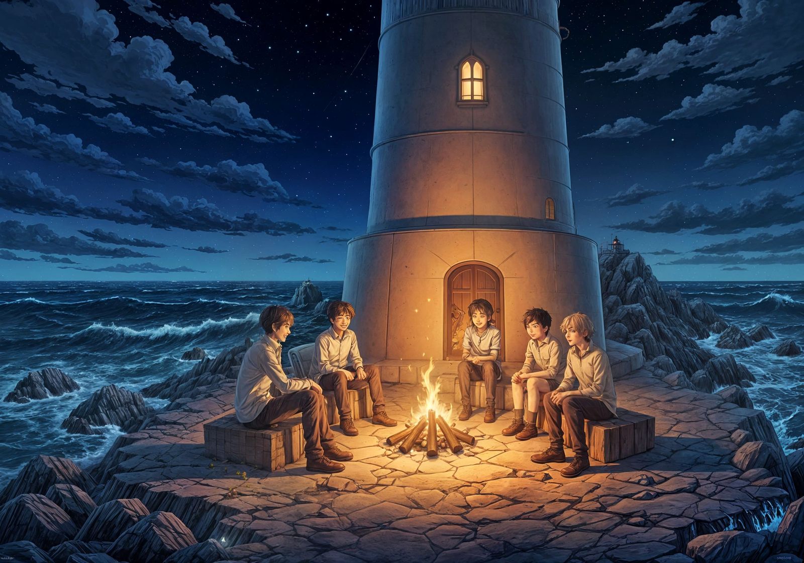Bonfire Night at Lighthouse: Cel-Shaded Anime Style