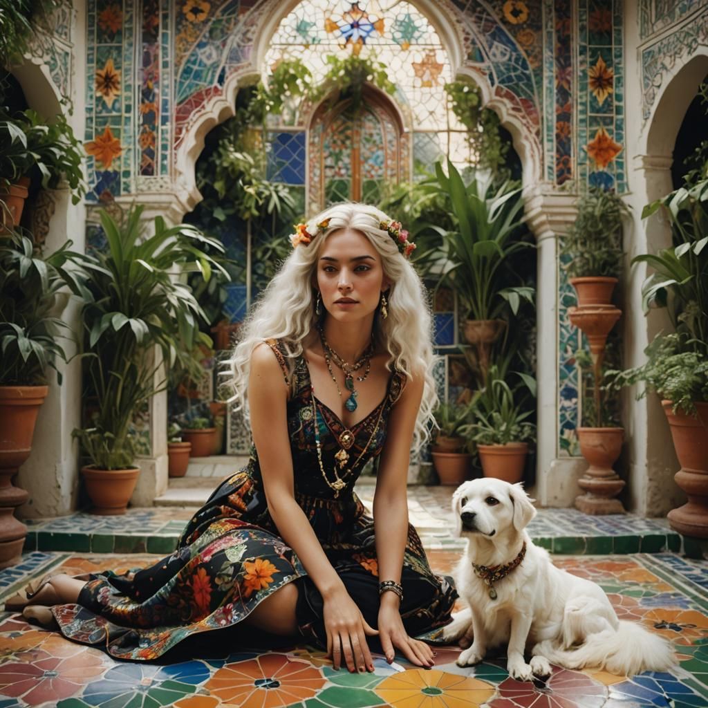 Sophisticated Witch with Herbs and Dog, Impressionistic Styl...