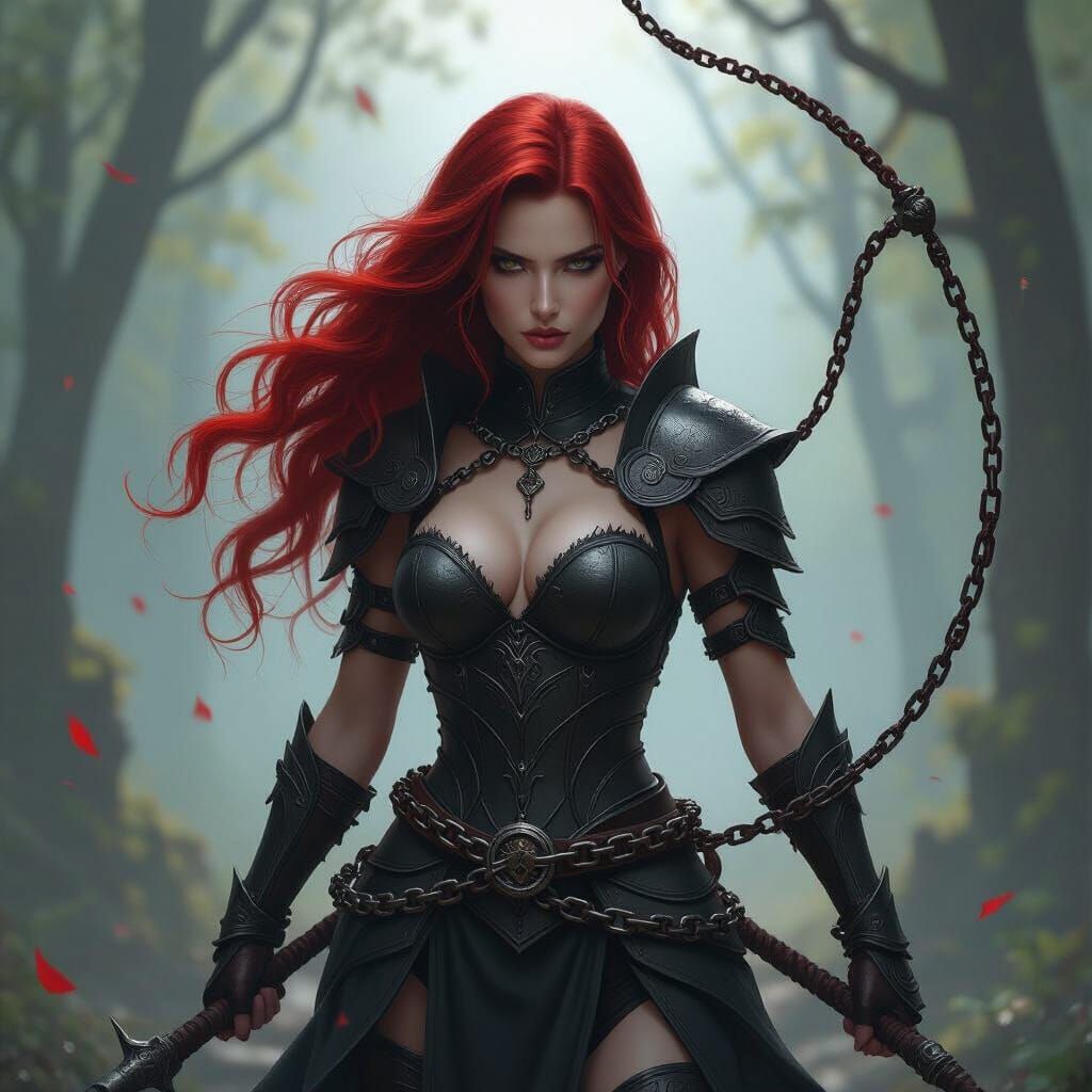 Dark Fantasy Warrior With Chains and Whip in Misty Glade