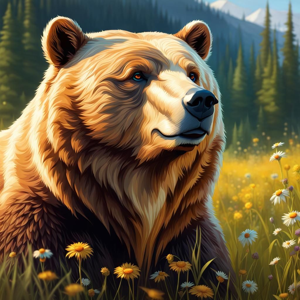 Golden Bear in Meadow: Hyperdetailed Portrait