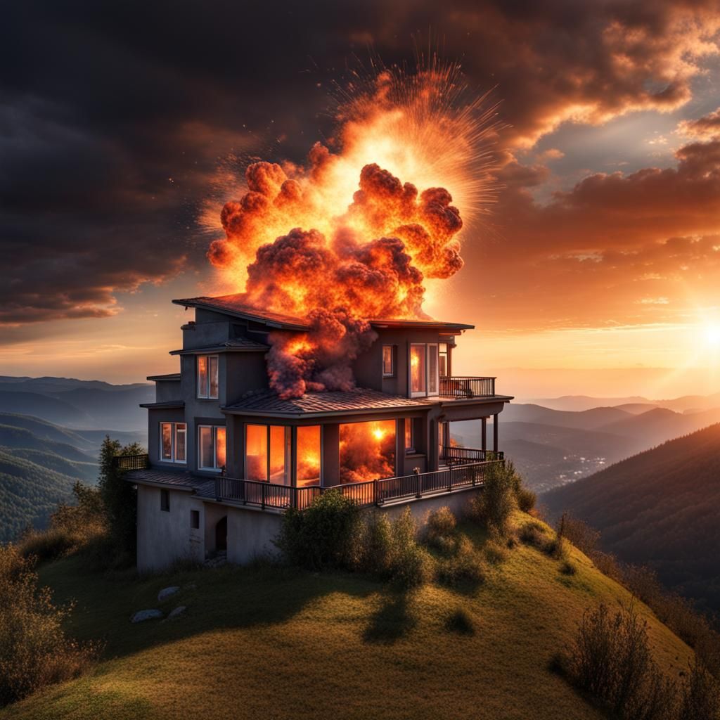 Exploding House on Mountain at Sunset