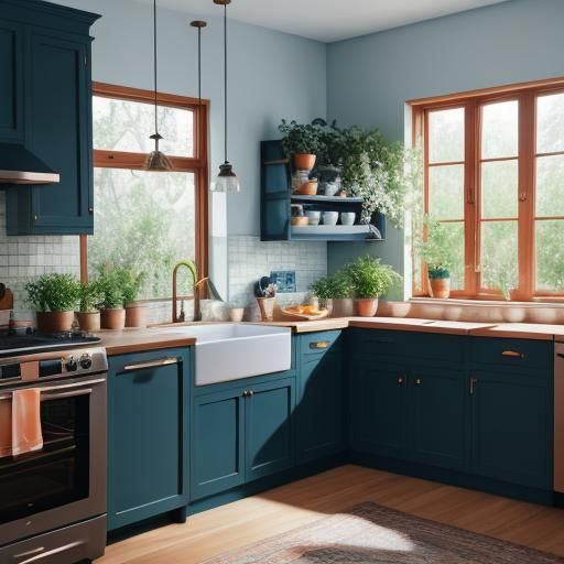Peach and Blue Kitchen with Natural Lighting