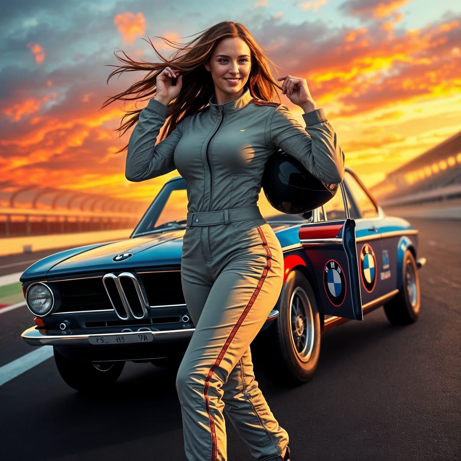 Confident Driver in Vintage BMW on Racetrack