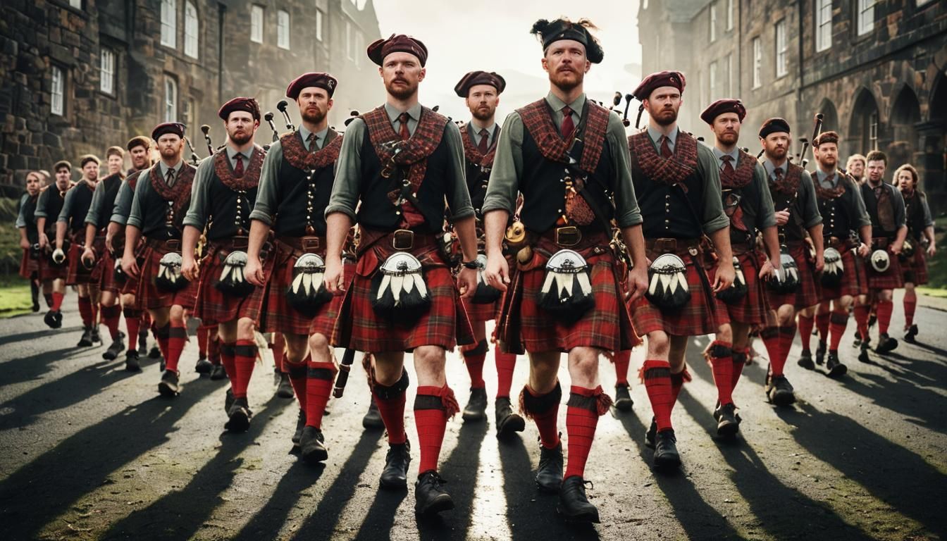 Majestic Scotsman Plays Bagpipes on Misty Highland Hill