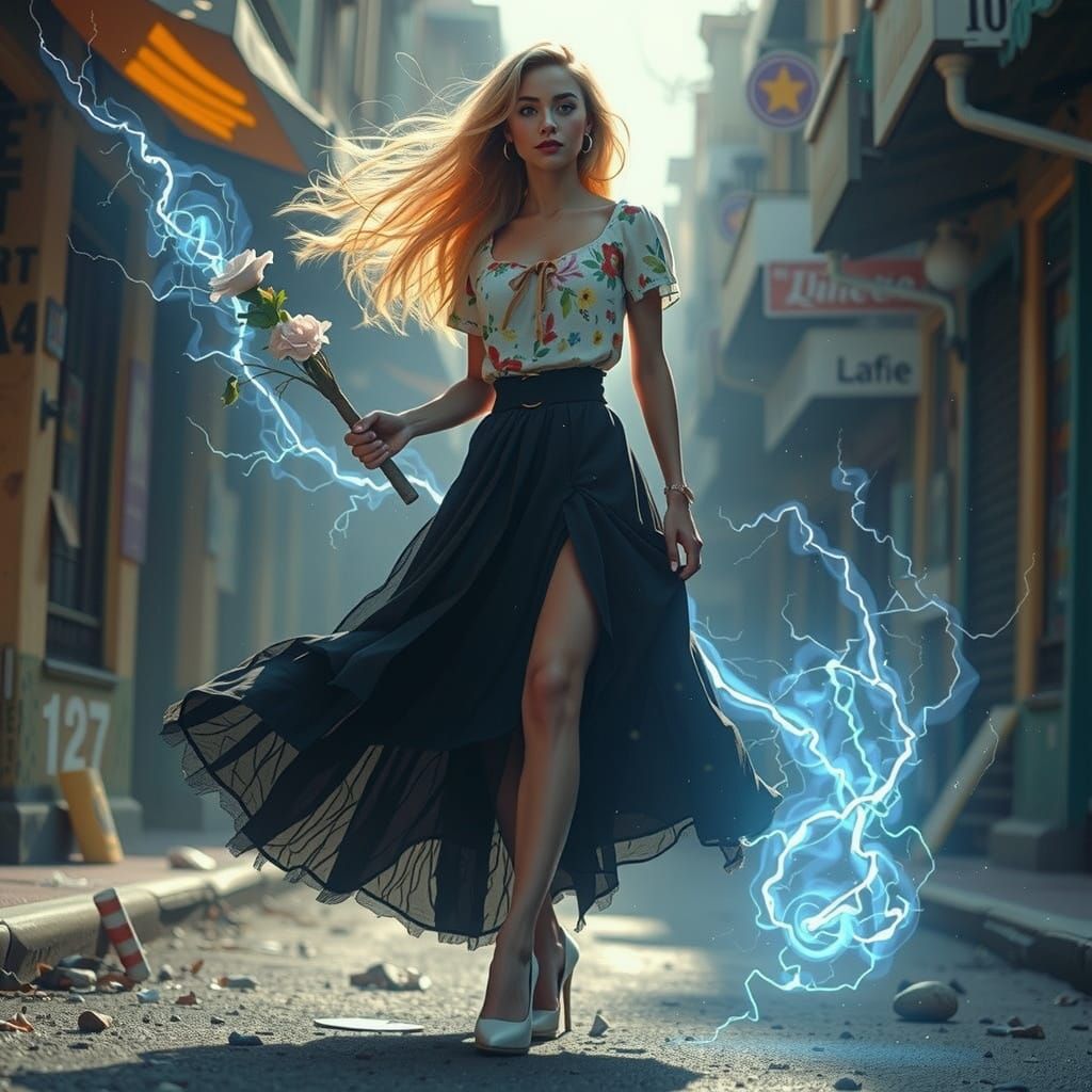 Confident Latina Witch in Electric City, Whimsical Illustrat...
