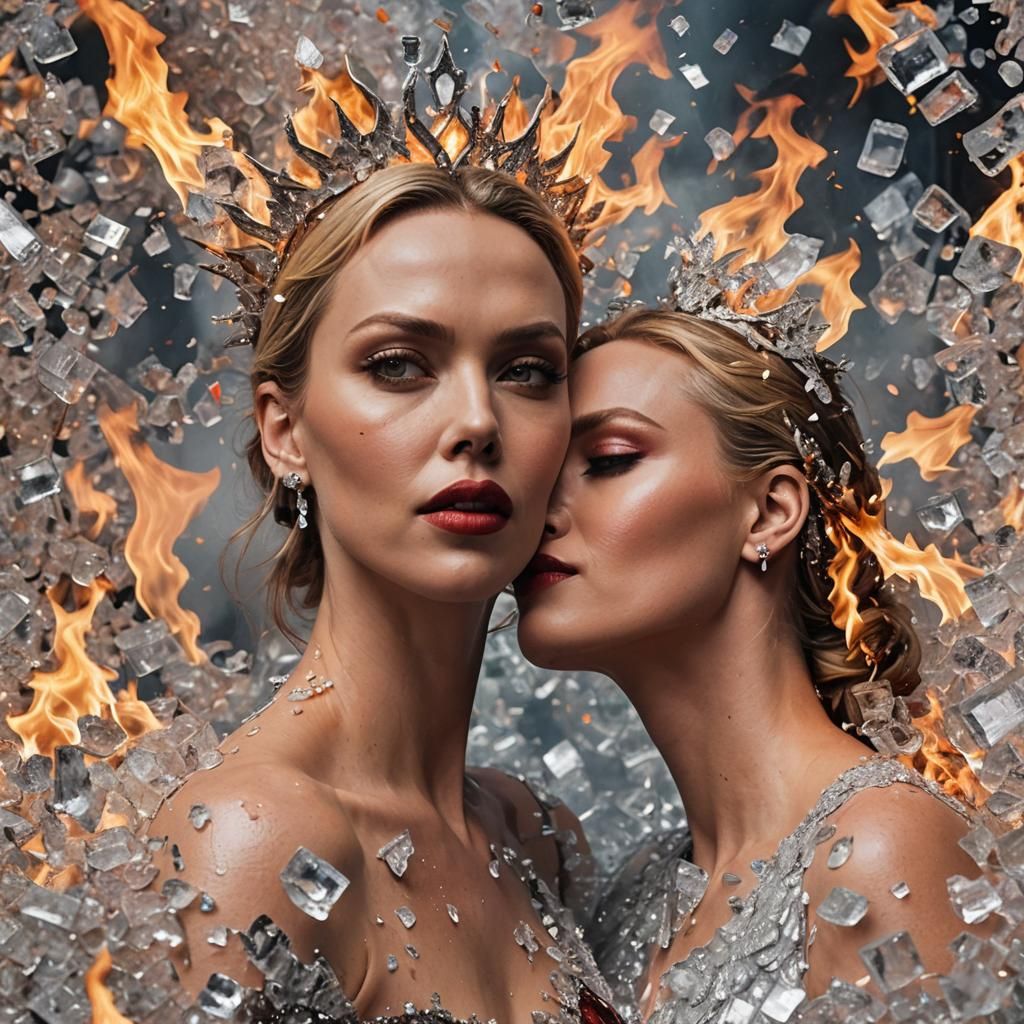 in my dream, Scarlett Johanssom was the fire girl and Charlize Theron was the ice girl (kissing: 1.5) | https://creator....