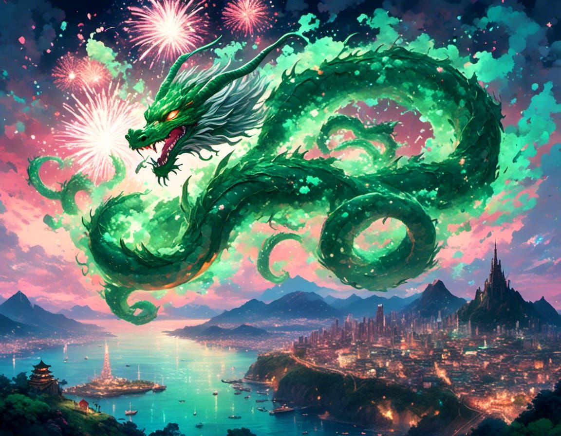 Fireworks Dragon Bursts Over Bay in Graffiti Art Style