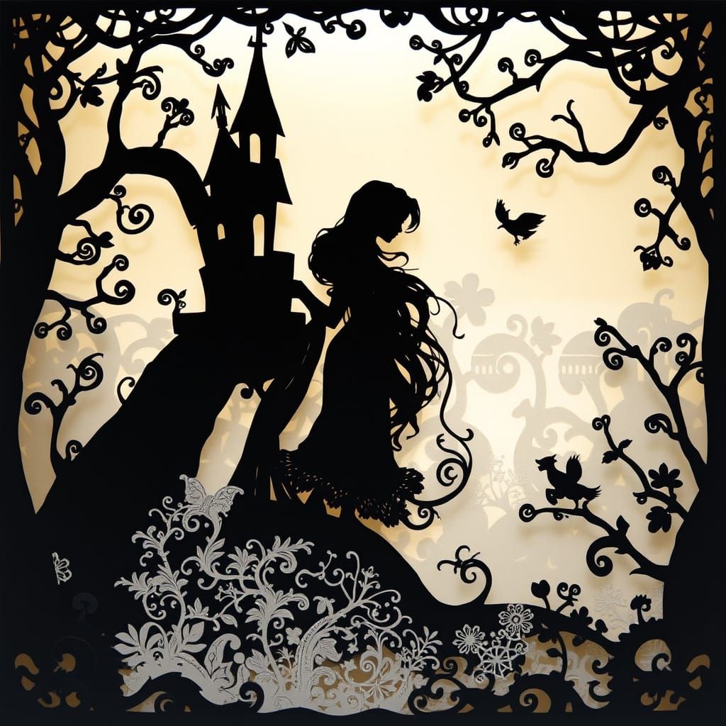 Ethereal Silhouette of Rapunzel in Whimsical Cutwork