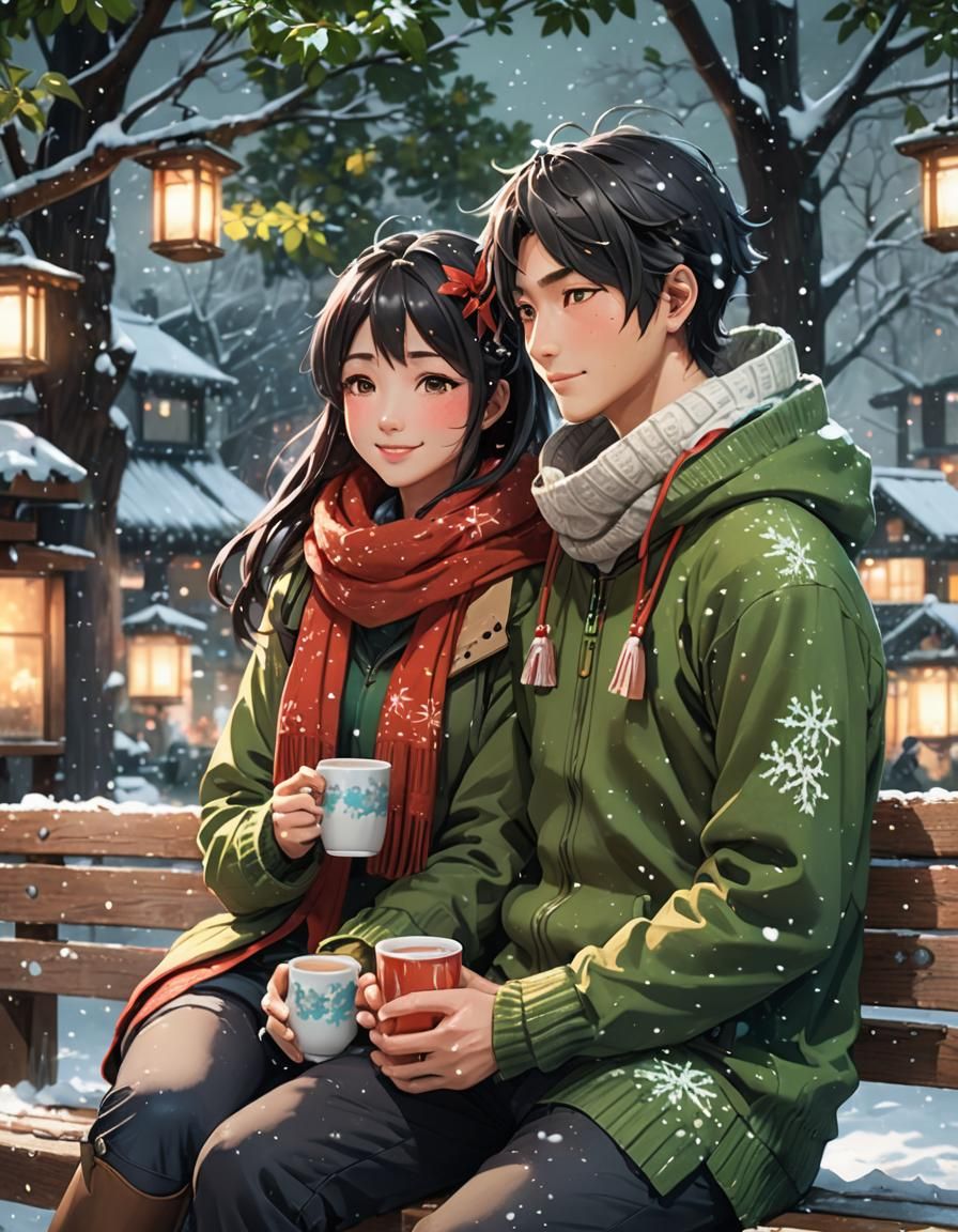 Cozy Anime Lovers in Winter Snow, 3D Art