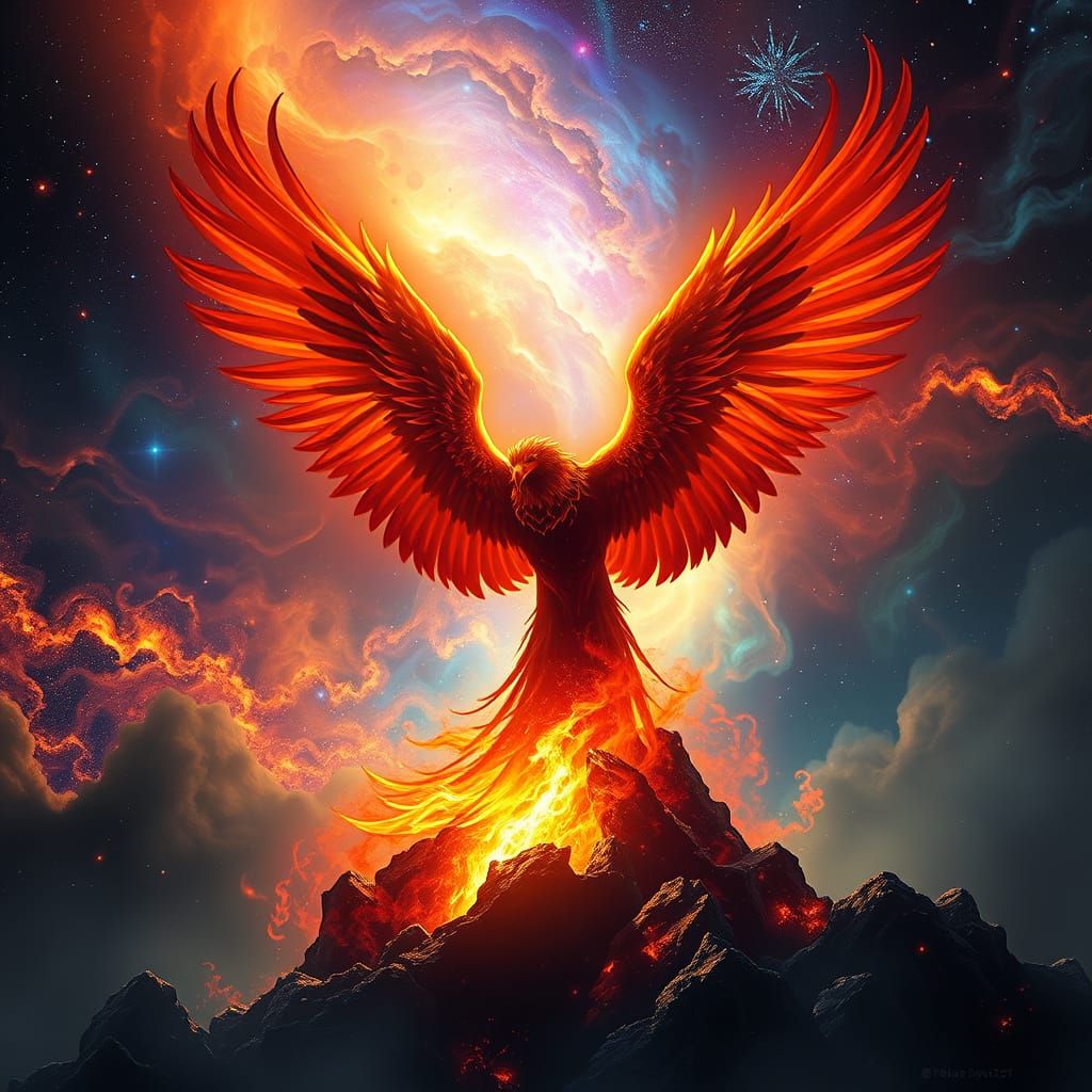 Surreal Phoenix Rebirth in Cosmic Nebula Digital Painting