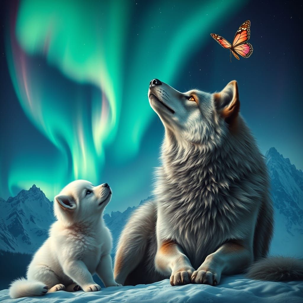 Majestic Gray Wolf and Puppy Gaze at Aurora Borealis
