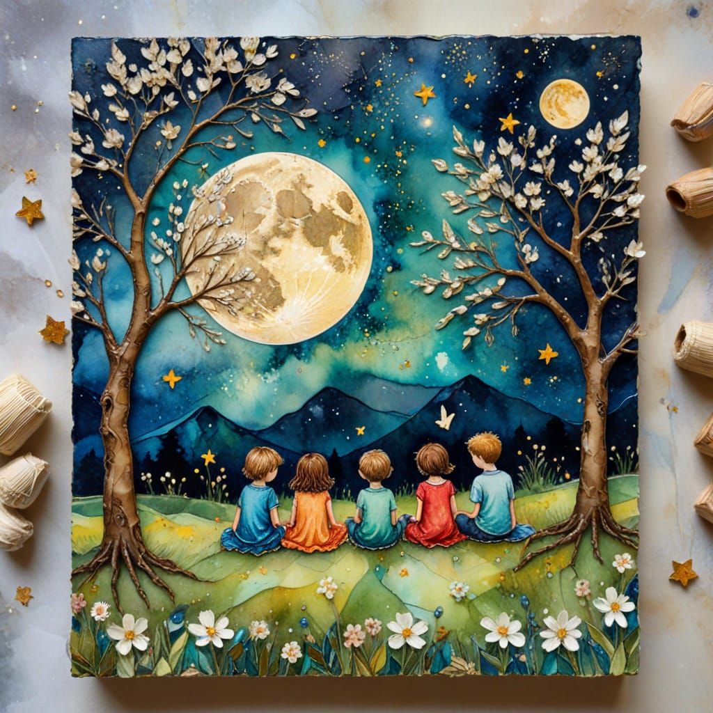 Whimsical Children's Moonlit Gathering in Vibrant Textures