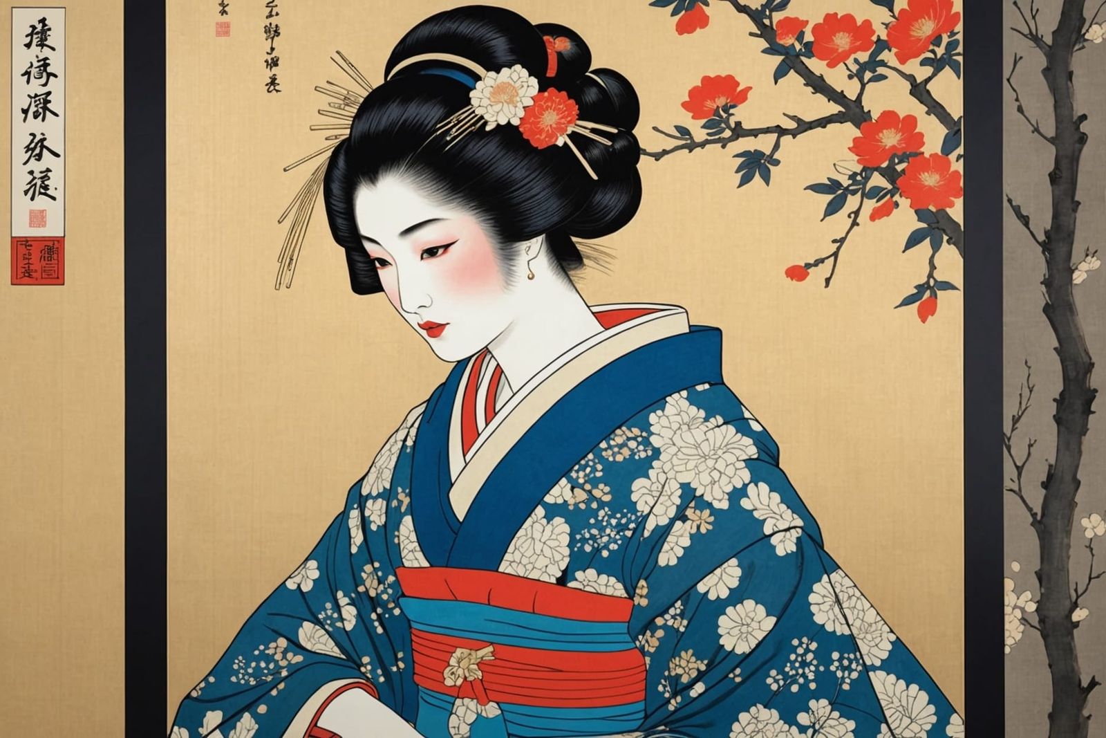 Serene Geisha in Silk Kimono: Ukiyo-e Style