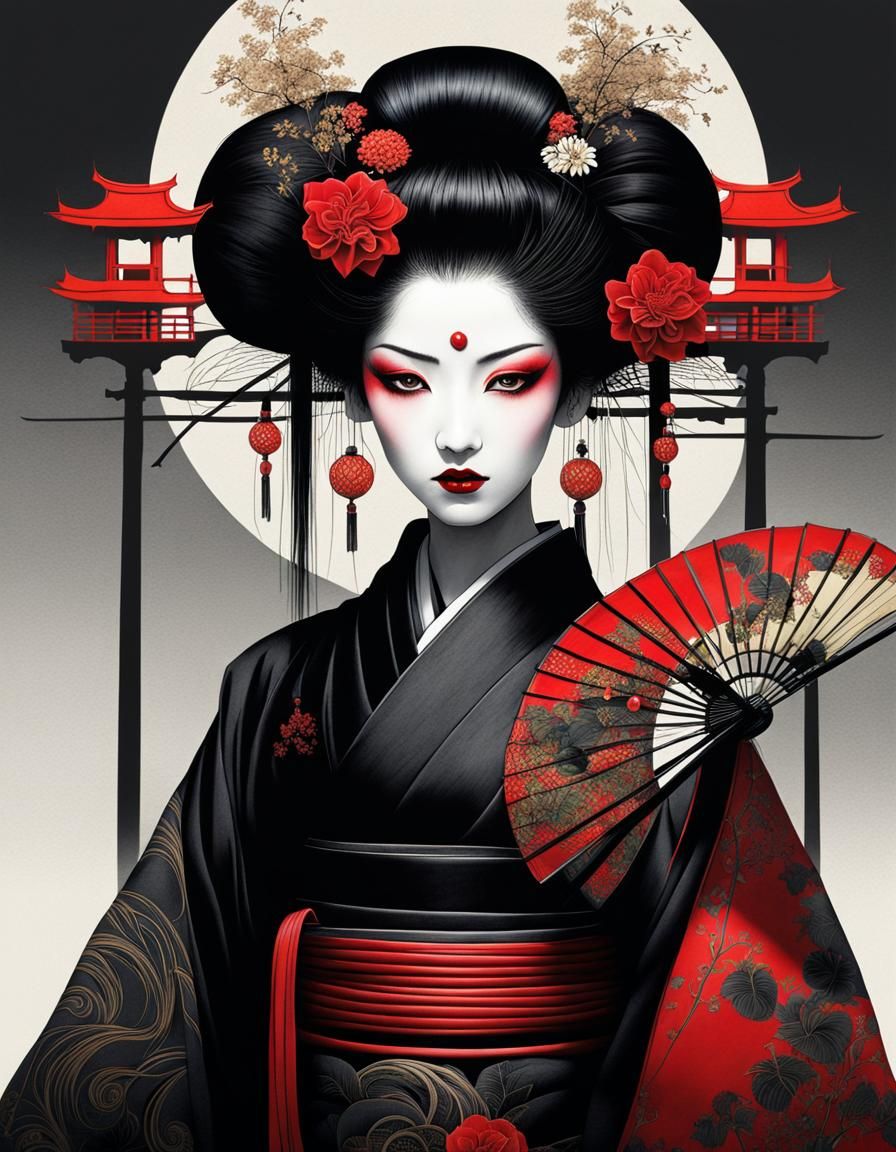Gothic Geisha in Yoshitaka Amano Style