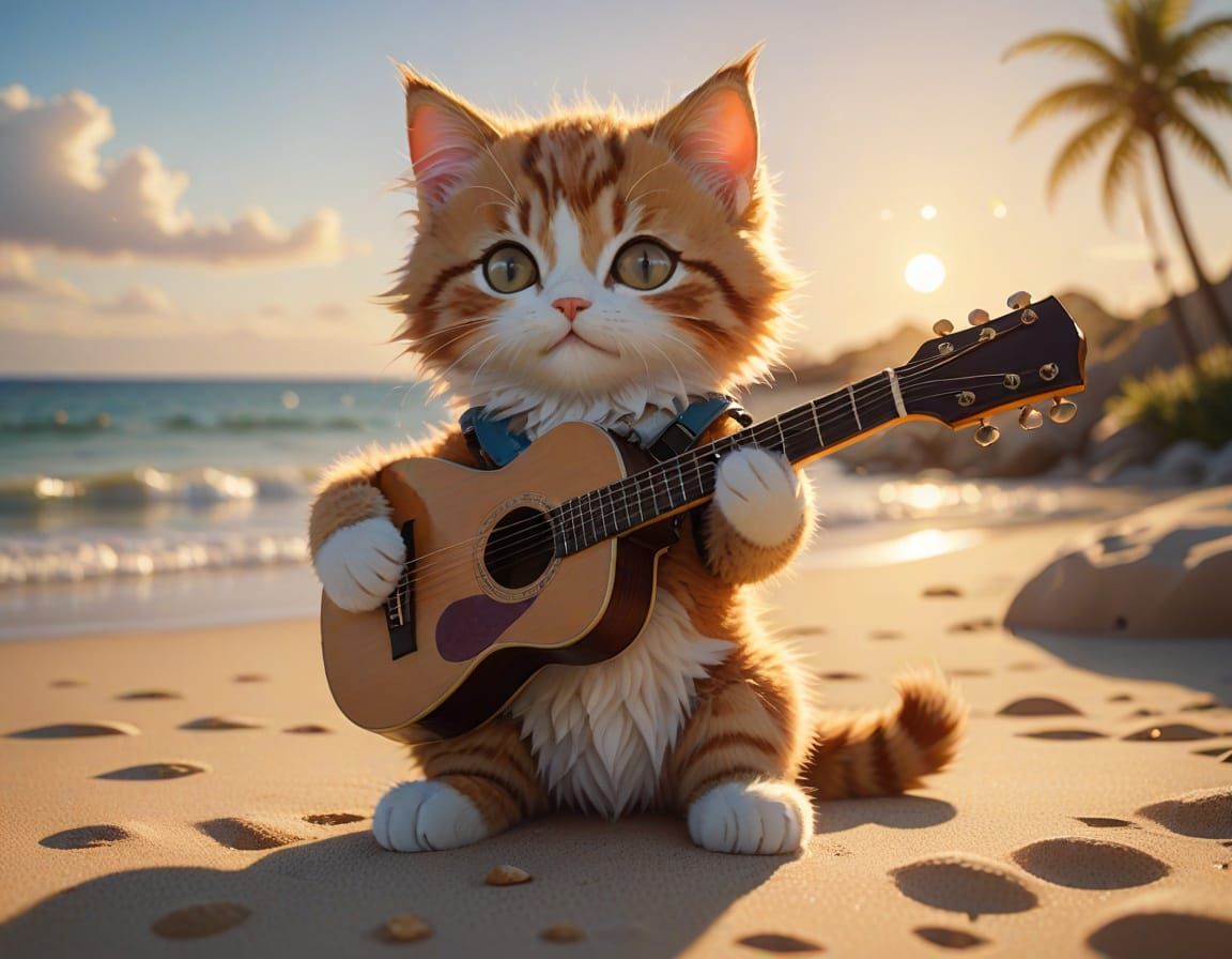 Cute Kitten Plays Guitar on Sunny Beach in Anime Style