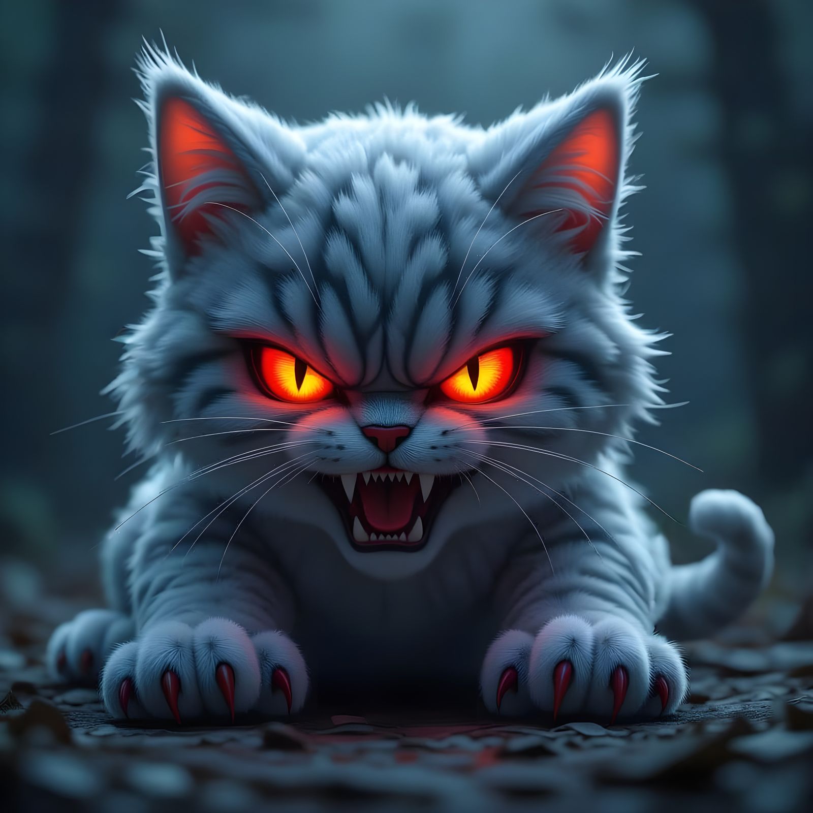 Evil Plush Cat with Demon Red Eyes and Tail