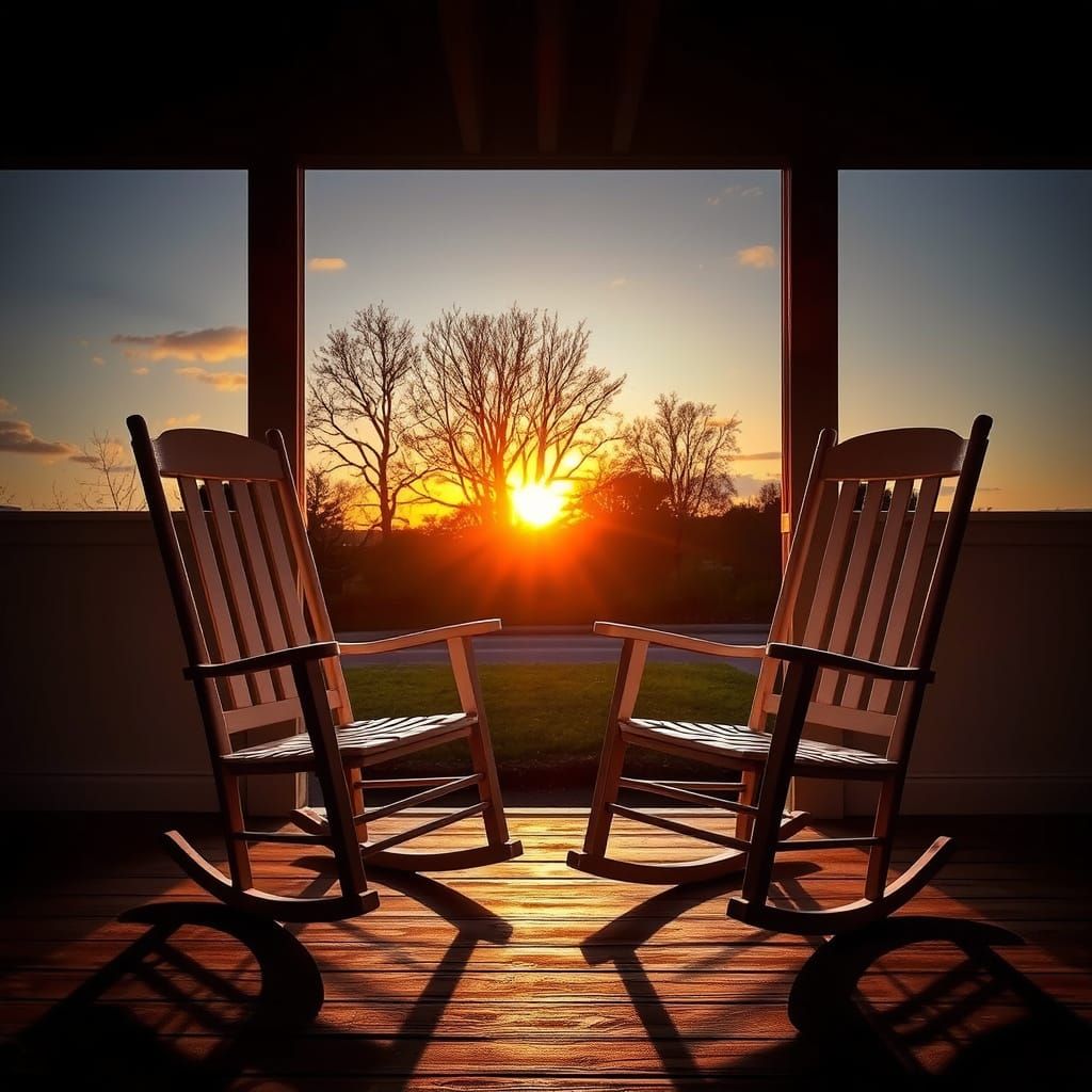 Rocking Chairs Silhouetted by Setting Sun