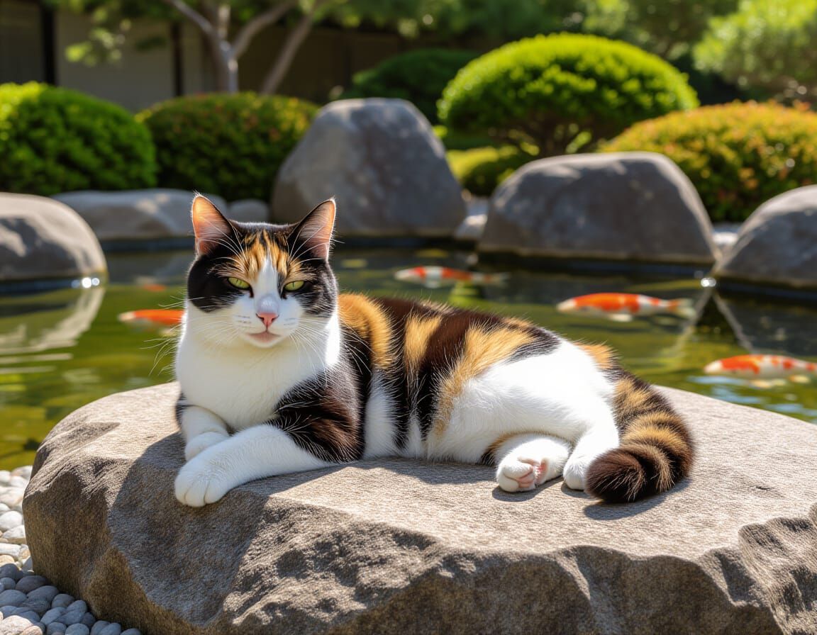 Calico Cat Relaxing in Sunny Japanese Garden