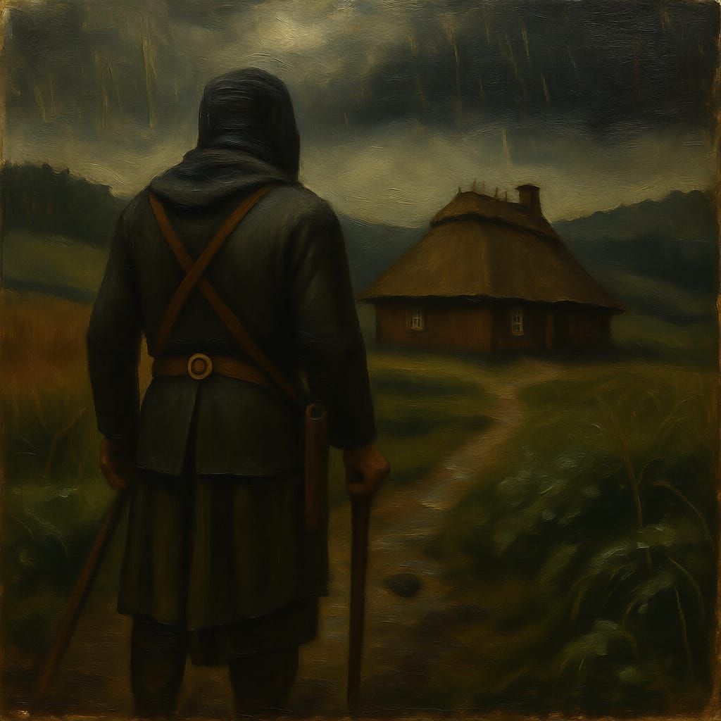 Warrior Returns to Farmhouse in Rain, Constable Style