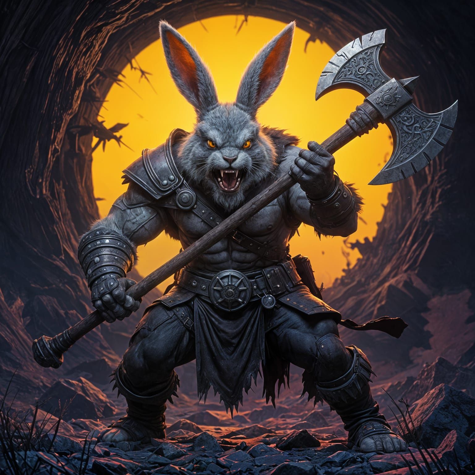 Raging Rabbit Barbarian with Axe in Dark Fantasy Style
