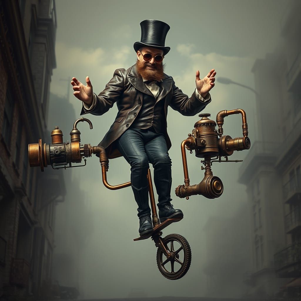 Steampunk Inventor Soars on Pogo Stick Amidst Industrial Haz...