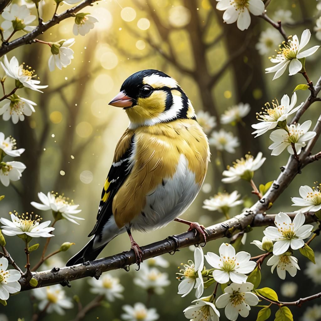Sparkling Goldfinch in Magical Forest, Digital Art